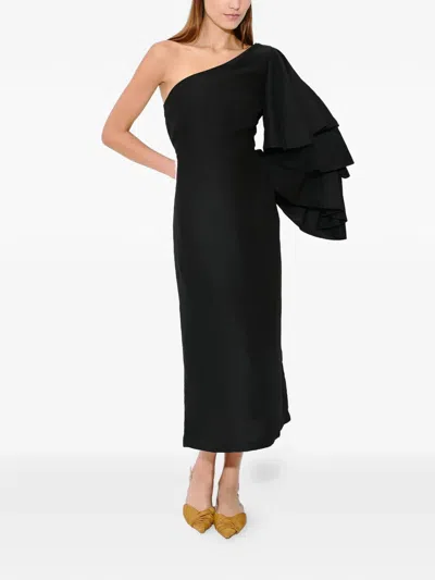 Rosie Assoulin Bidi Bidi Bom Bom Ruffled One-shoulder Midi Dress In Black