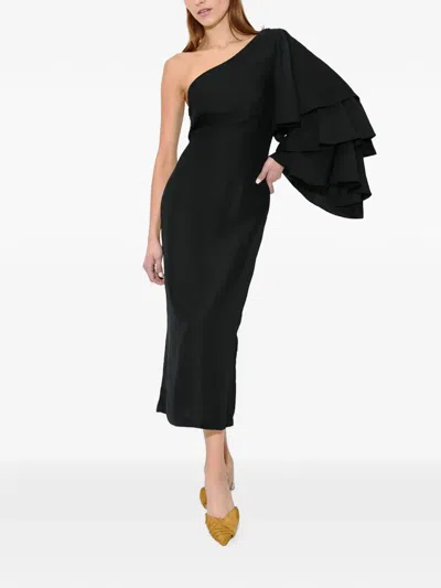 Rosie Assoulin Bidi Bidi Bom Bom Ruffled One-shoulder Midi Dress In Black