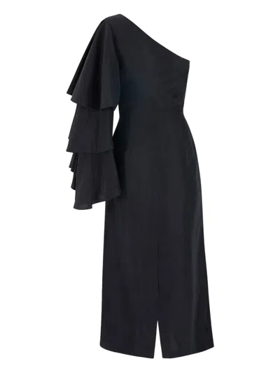 Rosie Assoulin Bidi Bidi Bom Bom Ruffled One-shoulder Midi Dress In Black