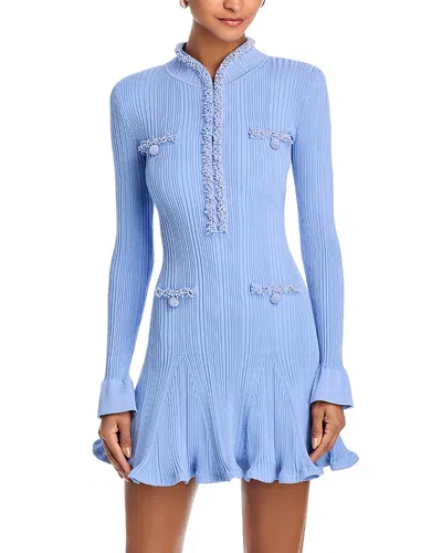 Self-portrait Self Portrait Mini Ribbed Knit Short Dress With Pearl Embellishments In Blue