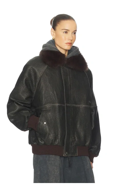 Helsa The Oversized Leather Bomber With Faux Fur Collar In Black