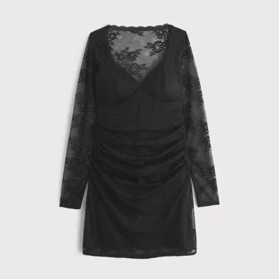 Abercrombie & Fitch A&f Zoe Bra-free Long-sleeve Lace Mini Dress In Black