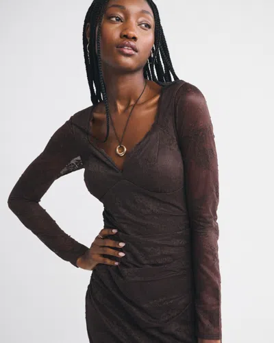 Abercrombie & Fitch A&f Zoe Bra-free Long-sleeve Lace Mini Dress In Brown