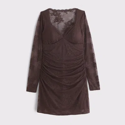Abercrombie & Fitch A&f Zoe Bra-free Long-sleeve Lace Mini Dress In Brown
