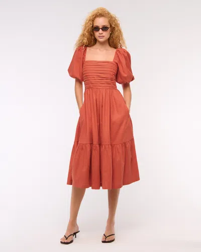 Abercrombie & Fitch The A&f Emerson Linen-blend Puff Sleeve Midi Dress In Red