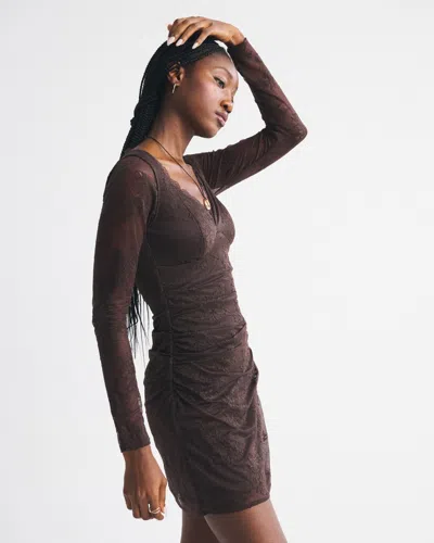 Abercrombie & Fitch A&f Zoe Bra-free Long-sleeve Lace Mini Dress In Brown