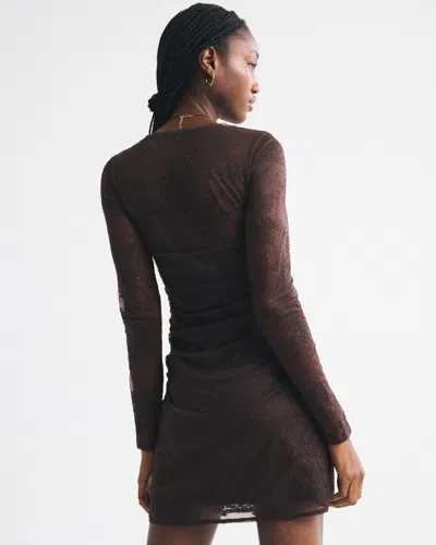 Abercrombie & Fitch A&f Zoe Bra-free Long-sleeve Lace Mini Dress In Brown