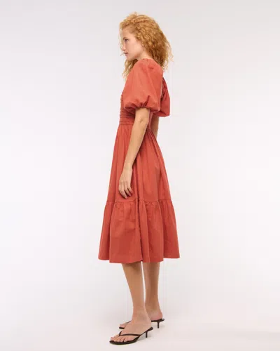 Abercrombie & Fitch The A&f Emerson Linen-blend Puff Sleeve Midi Dress In Red