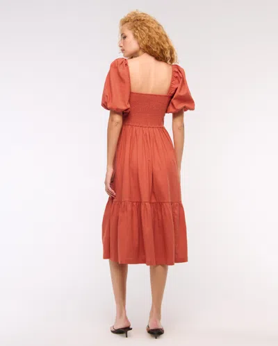 Abercrombie & Fitch The A&f Emerson Linen-blend Puff Sleeve Midi Dress In Red