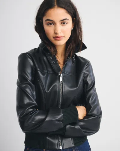 Abercrombie & Fitch Vegan Leather Shrunken Bomber Jacket In Black