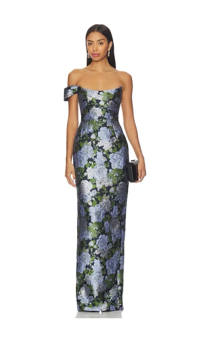 Sau Lee Jackson Asymmetric Jacquard Column Maxi Dress In Blue