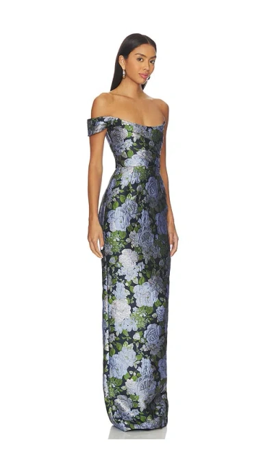 Sau Lee Jackson Asymmetric Jacquard Column Maxi Dress In Blue