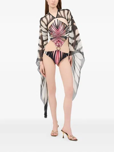 Roberto Cavalli Print-patterned Ring-detail Swimsuit In Pink
