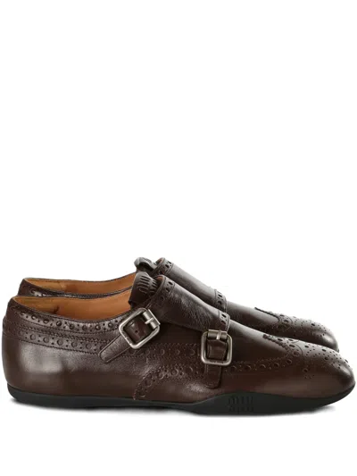 Miu Miu Calf Leather Brogue Shoe With Buckles In Brown