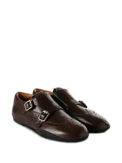 Miu Miu Calf Leather Brogue Shoe With Buckles In Brown