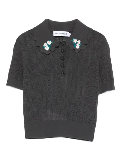 Self-portrait Floral-appliqué Polo Shirt In Gray