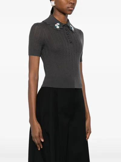 Self-portrait Floral-appliqué Polo Shirt In Gray