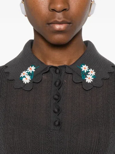 Self-portrait Floral-appliqué Polo Shirt In Gray