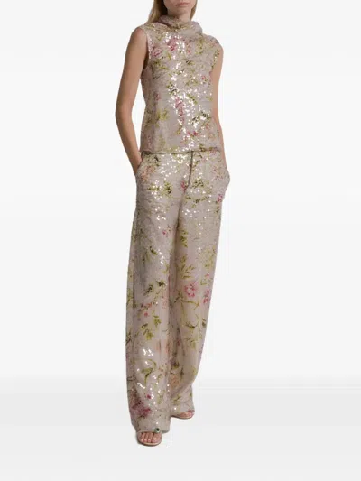 Alberta Ferretti Sequin Floral Trousers In Neutral