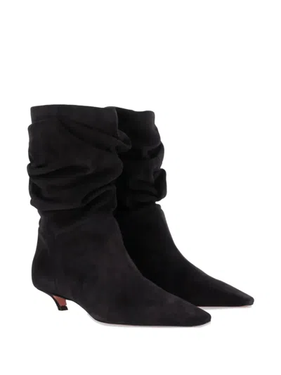 Amina Muaddi Jamie Ruched Ankle Boots In Black