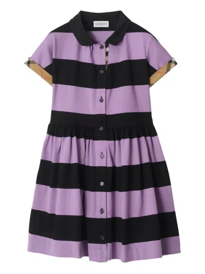 Burberry Check Trim Striped Cotton Shirt Dress In Purple