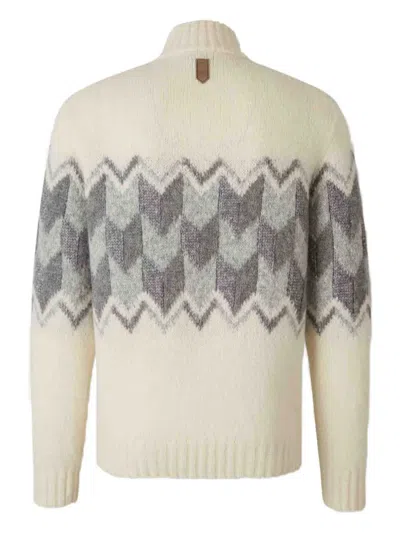 Canali Cream Zippered Mock Neck Sweater With Gray Tones In An Alpaca Blend In Neutral