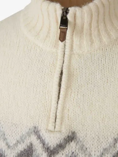 Canali Cream Zippered Mock Neck Sweater With Gray Tones In An Alpaca Blend In Neutral