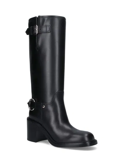 Gucci Below-the-knee Round Toe Leather Boot In Black