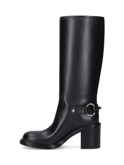 Gucci Below-the-knee Round Toe Leather Boot In Black