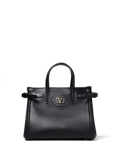 Valentino Garavani Borsa Tote In Pelle Nera Con Manici E Tracolla In Black