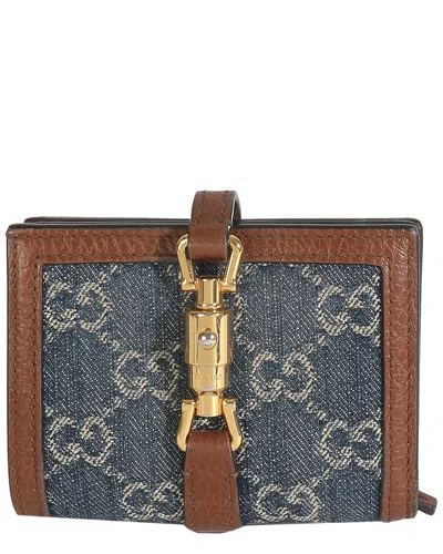 Gucci Blue & Brown Leather & Denim Gg Monogram Jackie 1961 Card Case (authentic Pre-loved)