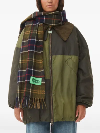 Ganni X Barbour Tartan Fringed Scarf In Green