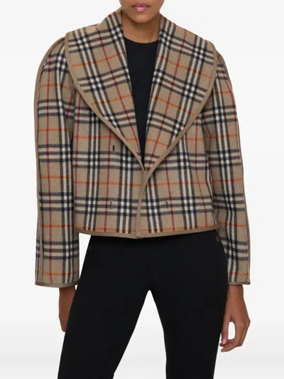 Burberry Cropped Cotton Jacket With Check Warmer In Brown