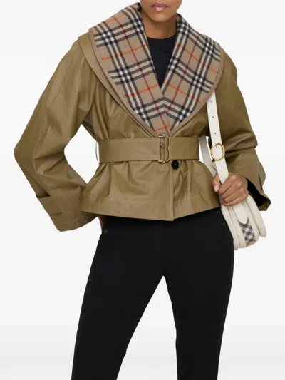 Burberry Cropped Cotton Jacket With Check Warmer In Brown
