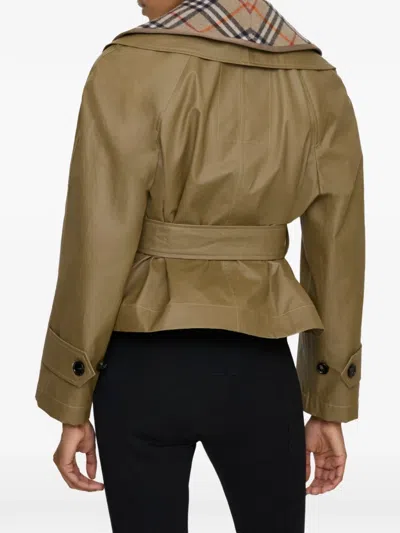 Burberry Cropped Cotton Jacket With Check Warmer In Brown