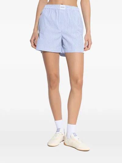 Attico Striped Poplin Shorts Elastic Waistband In Blue