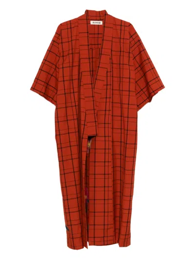 Pre-owned A.n.g.e.l.o. Vintage Upcycling Plaid-pattern Floral-appliqué Coat In Red