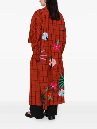 Pre-owned A.n.g.e.l.o. Vintage Upcycling Plaid-pattern Floral-appliqué Coat In Red