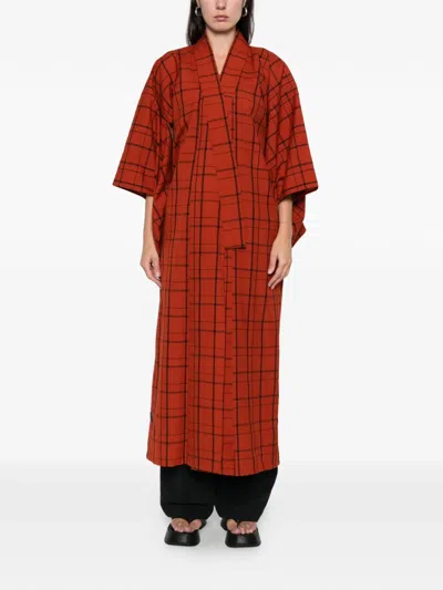 Pre-owned A.n.g.e.l.o. Vintage Upcycling Plaid-pattern Floral-appliqué Coat In Red