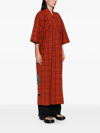 Pre-owned A.n.g.e.l.o. Vintage Upcycling Plaid-pattern Floral-appliqué Coat In Red