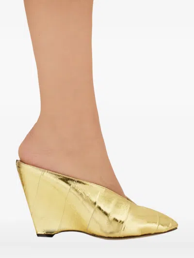 Ferragamo 90mm Wedge Mules In Gold