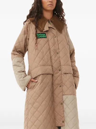 Ganni X Barbour Quilted Patchwork Hooded Coat In Neutral