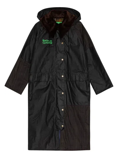 Ganni X Barbour Hooded Panelled Coat In Black