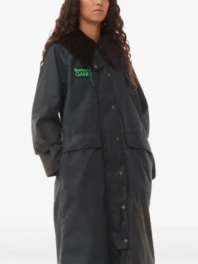 Ganni X Barbour Hooded Panelled Coat In Black