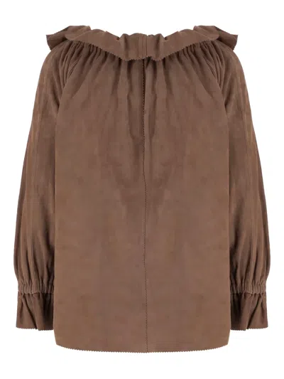 By Malene Birger Dicte Ruffled Drawstring Blouse In Brown