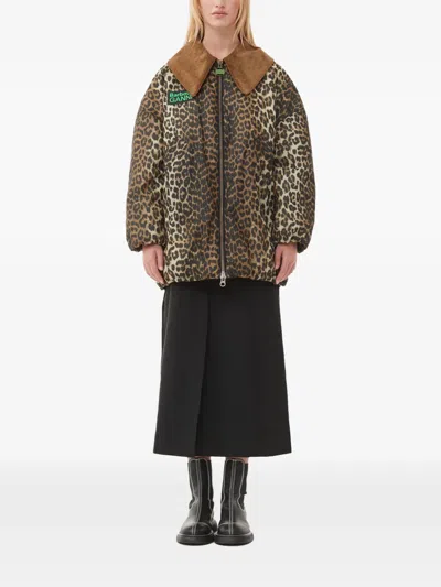 Ganni X Barbour Leopard-print Corduroy-collar Coat In Animal Print