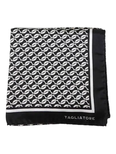 Tagliatore Black Monogram Silk Twill Scarf In Black