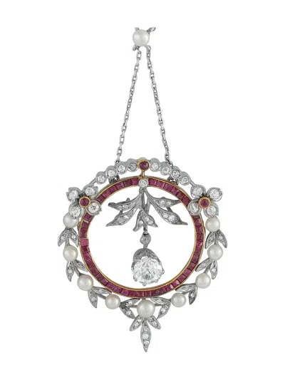 Pre-owned Lb Exclusive 18k Yellow Gold And Platinum Pendant Diamond And Ruby Necklace In Silver