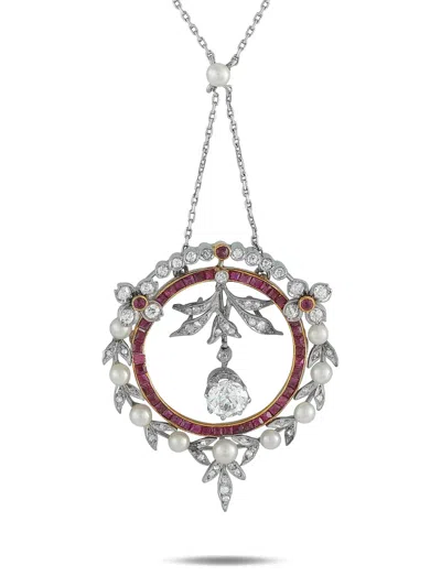 Pre-owned Lb Exclusive 18k Yellow Gold And Platinum Pendant Diamond And Ruby Necklace In Silver
