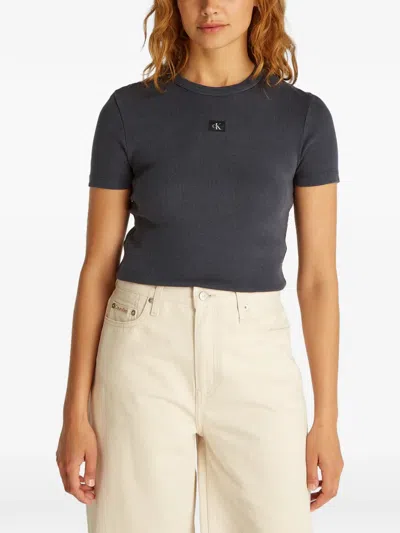 Calvin Klein Ribbed Logo-patch T-shirt In Gray